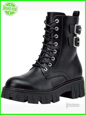 Women's Platform Ankle Booties Lace Up Chunky Heel Combat Boots